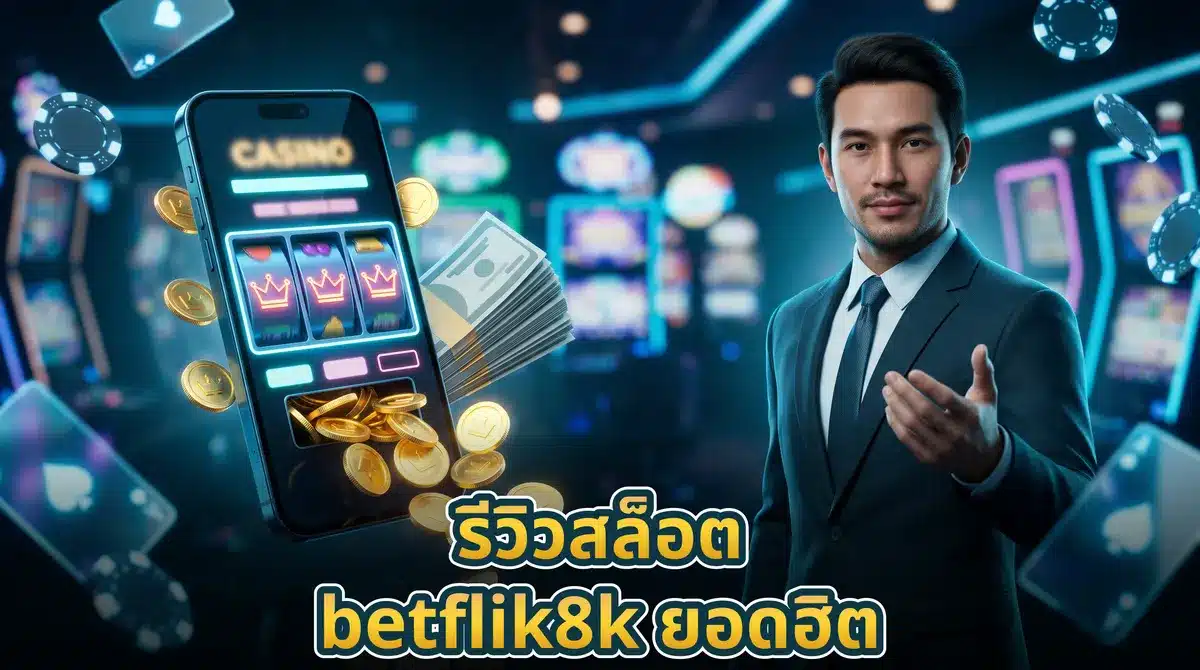 สมาร์ทโฟนบนโต๊ะไม้แสดงเกมสล็อตแมชชีนที่มีเหรียญทองและปึกธนบัตรวางอยู่ข้างๆ