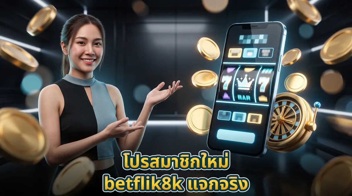 หน้าจอมือถือแสดงวงล้อสล็อตเรืองแสงพร้อมเหรียญทองกระจายรอบเครื่องเพื่อต้อนรับสมาชิกใหม่